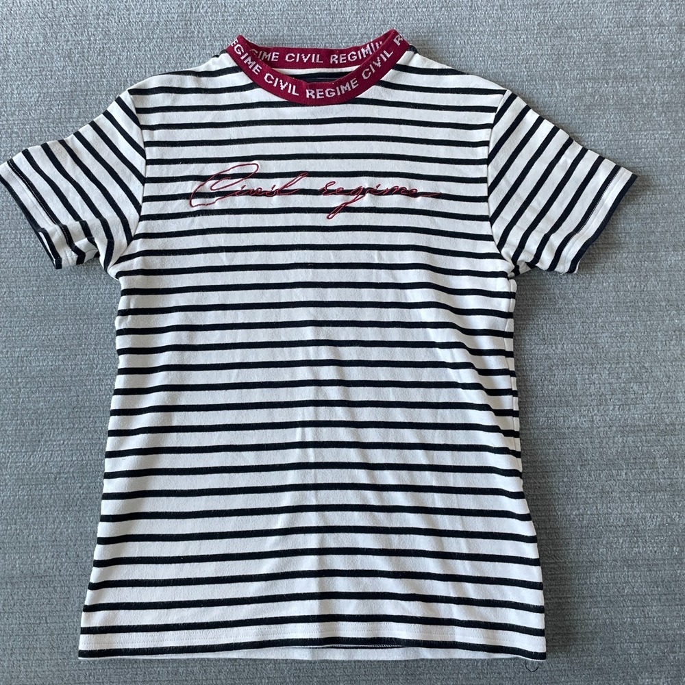 Civil Regime T Shirt Women M Striped Logo Casual‎ Classic High Neck Streetwear